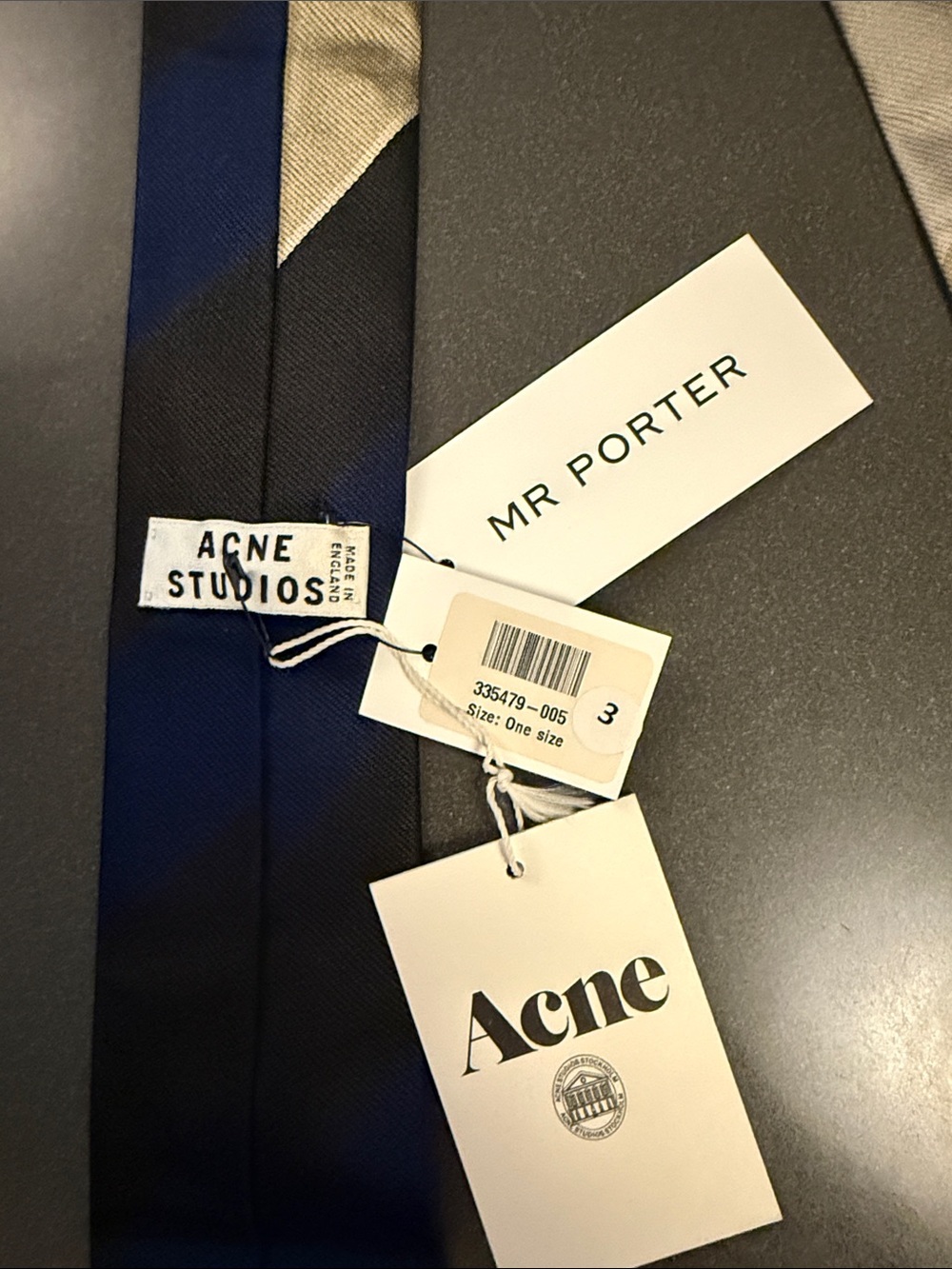 New Acne Studios Black, Navy and Cream Diagonal Stripe Silk Tie - Picture 3 of 6